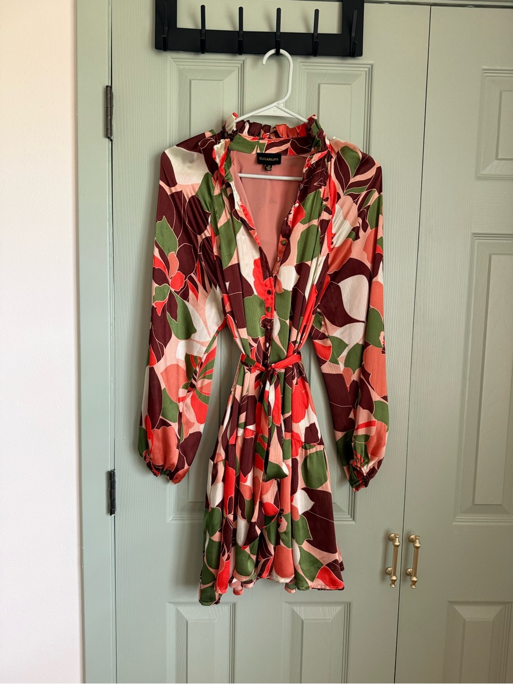 Sugarlips Multicolor Floral Tie-Waist Long Sleeve Dress - Coral, Green, Brown